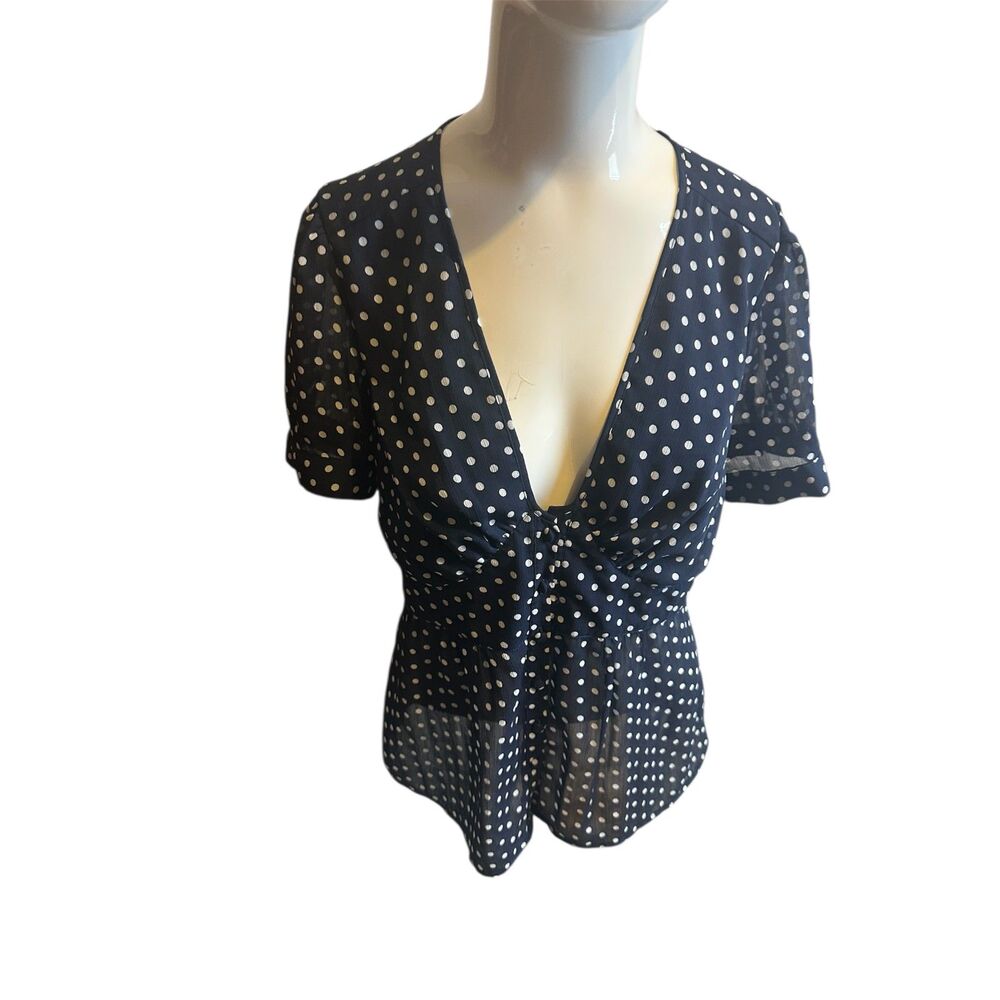 Forever XXI Button Down Blouse for Women Sz S* V Neck w/ Polka Dots Navy